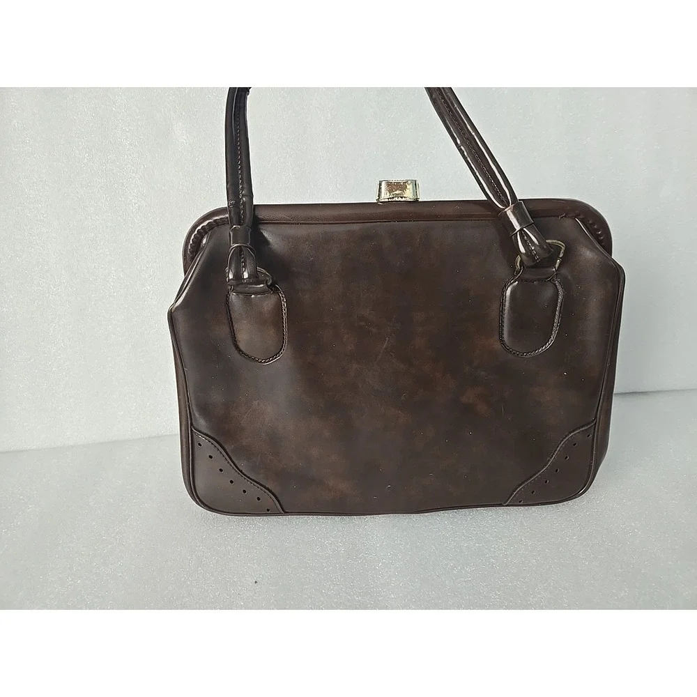 Vintage Brown Vinyl Handbag‎ Purse - Top Handle - Snap Closure